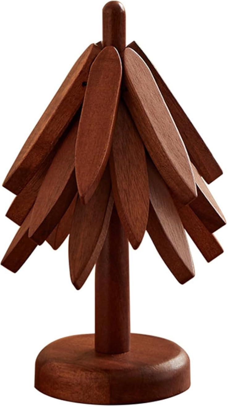 قواعد خشبية للأطباق الساخنة، طقم قواعد على شكل شجرة مكون من 3 قطع، قواعد أكواب على شكل شجرة للأطباق الساخنة، قواعد خشبية قابلة للطي للمطبخ، حوامل للأطباق الساخنة (بني)